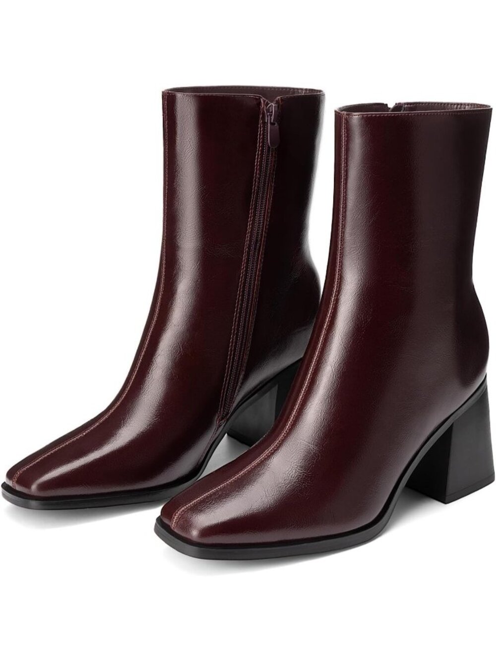 Women's Burgundy Faux Leather Side Zipper Square Toe Ankle Block Heel Boots